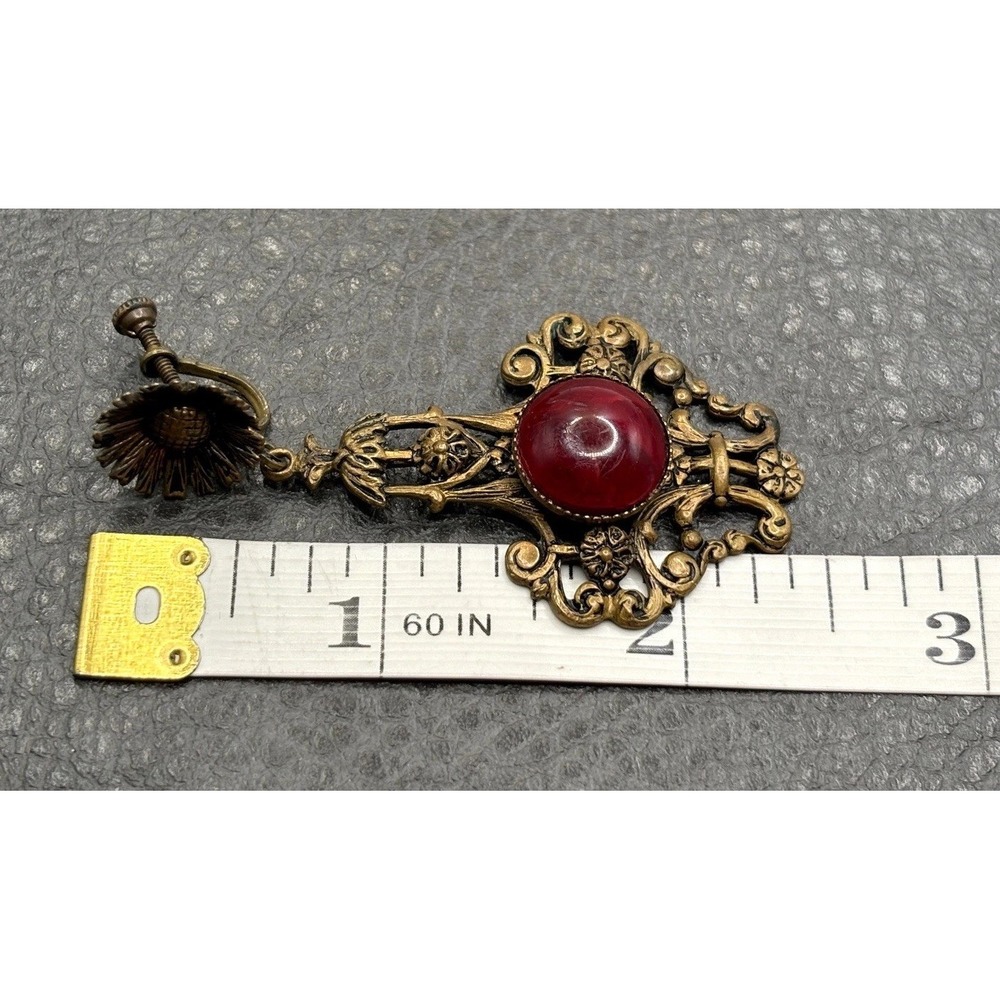Vintage Czech Art Nouveau Deco Glass Cabochon Flower Dangle Earrings Brass Tone - Picture 9 of 10